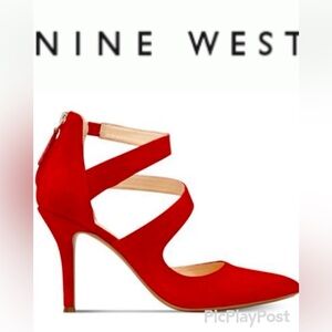 Nine West Lipstick Red Suede Florent Pointed Toe Strappy Heel Pump 7.5 LIKE NEW